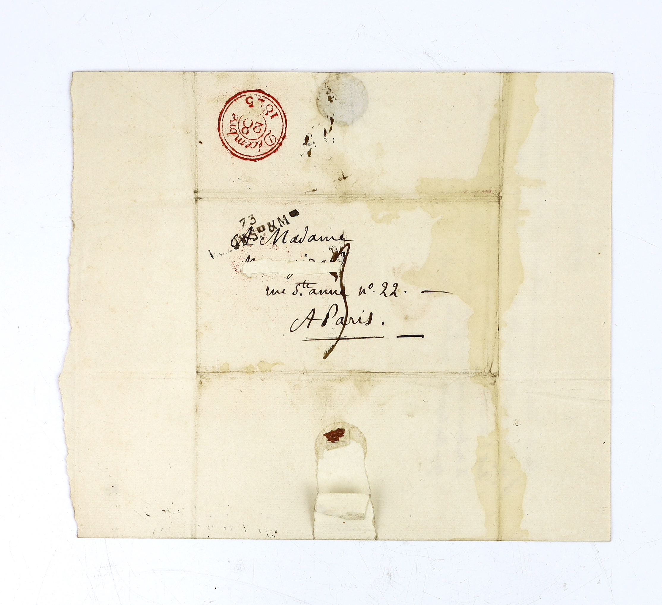 Gilbert du Motier, Marquis de Lafayette (1757-1834), French general and politician; letter to Madame [name cut from the cover], 22 Rue St Anne, Paris; La Grange, 26 December 1825